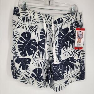 Nautica Blue & White Tropical Leaf Print Linen Blend Shorts Women’s Size Medium